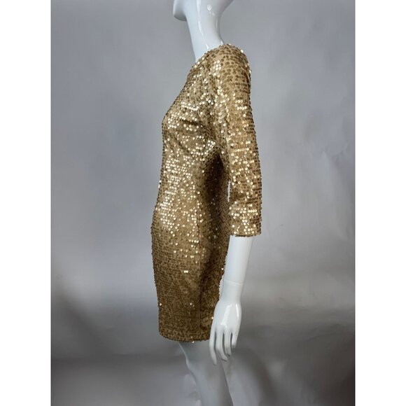 Fredericks Of Hollywood Gold Sequin Dress With 3/4 Sleeves & Low Back Design Siz - Picture 15 of 16